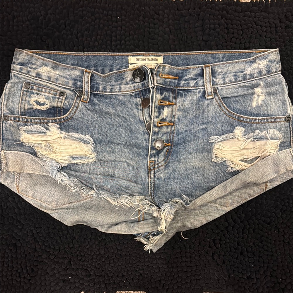 One Teaspoon Blue Distressed Jean Shorts Frayed Hem